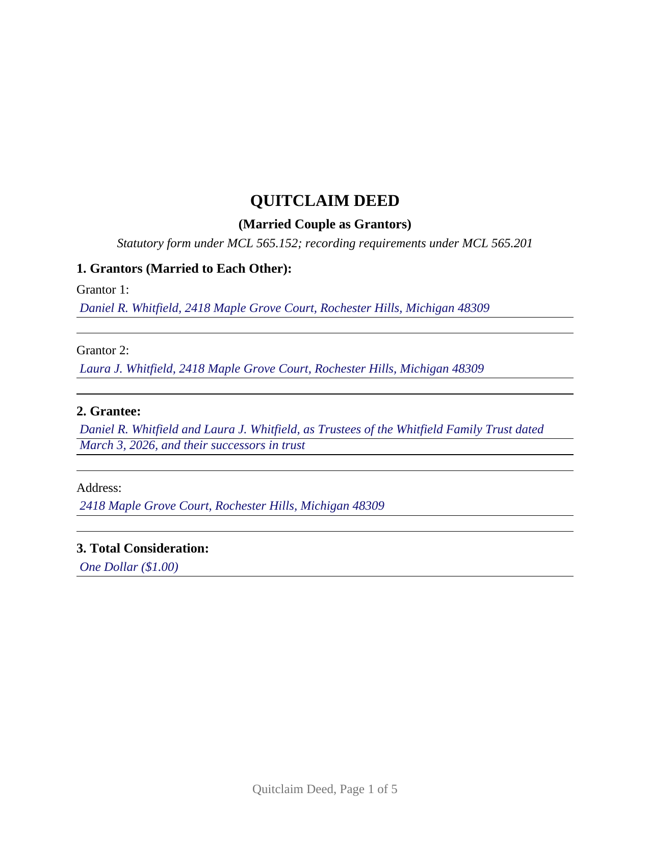 Allegan County Completed Example of the Quitclaim Deed (Married Couple as Grantors) Document