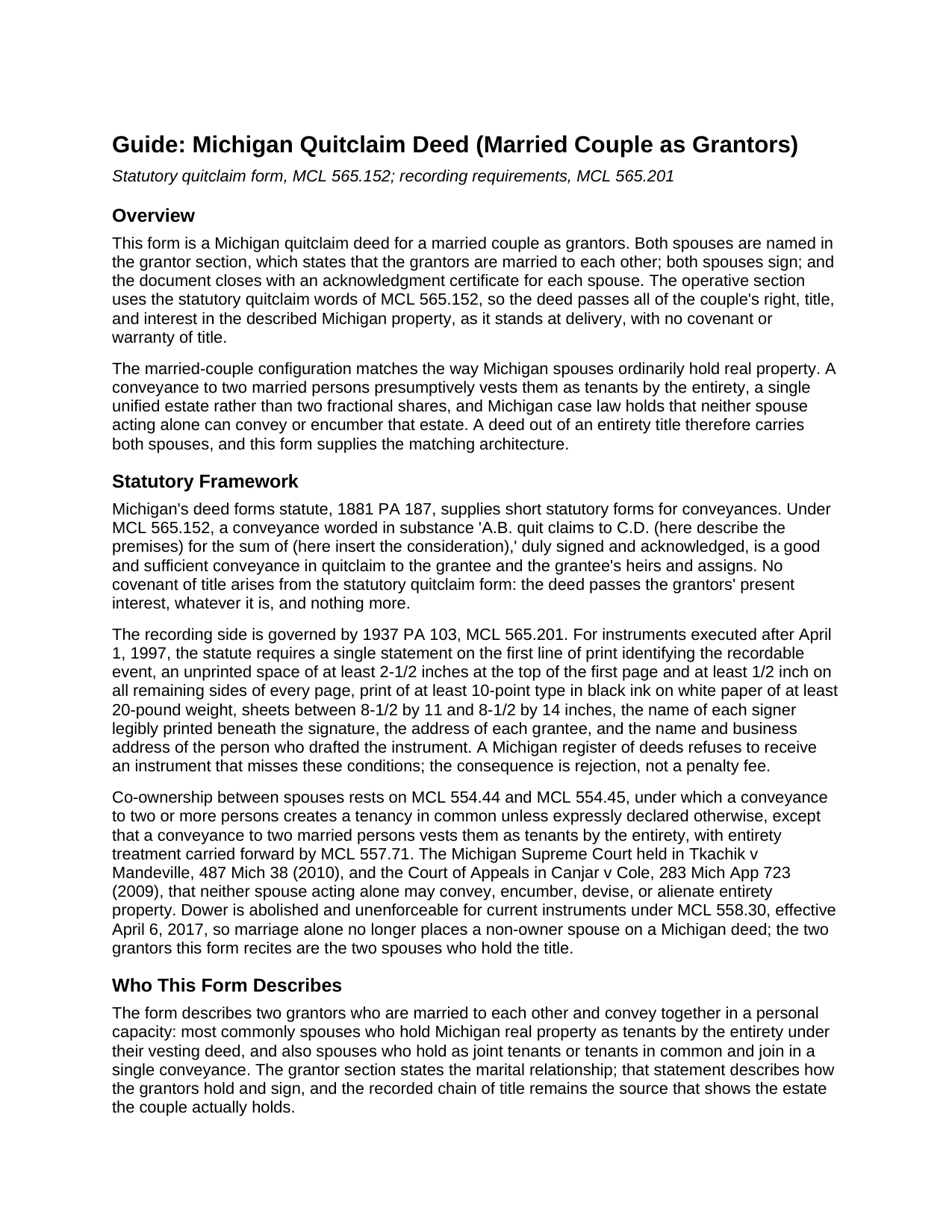 Allegan County Quitclaim Deed (Married Couple as Grantors) Guide