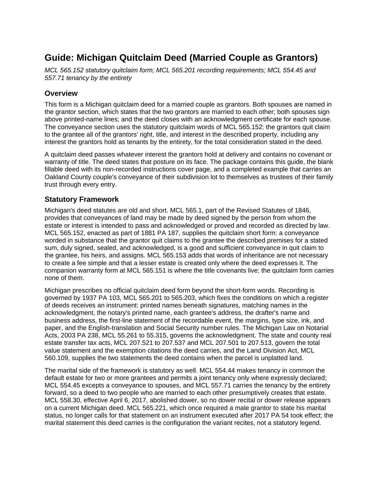 Houghton County Quitclaim Deed (Married Couple as Grantors) Guide