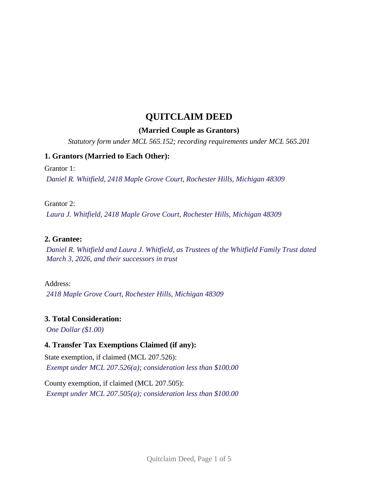 Houghton County Completed Example of the Quitclaim Deed (Married Couple as Grantors) Document