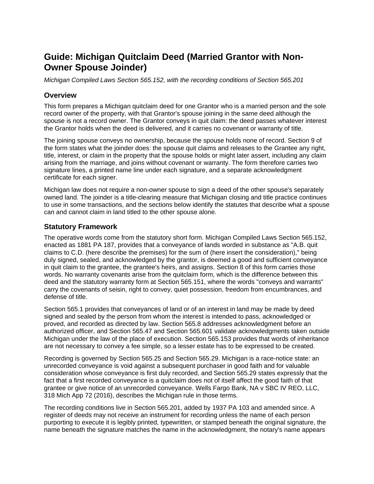 Allegan County Quitclaim Deed (Married Grantor with Non-Owner Spouse Joinder) Guide