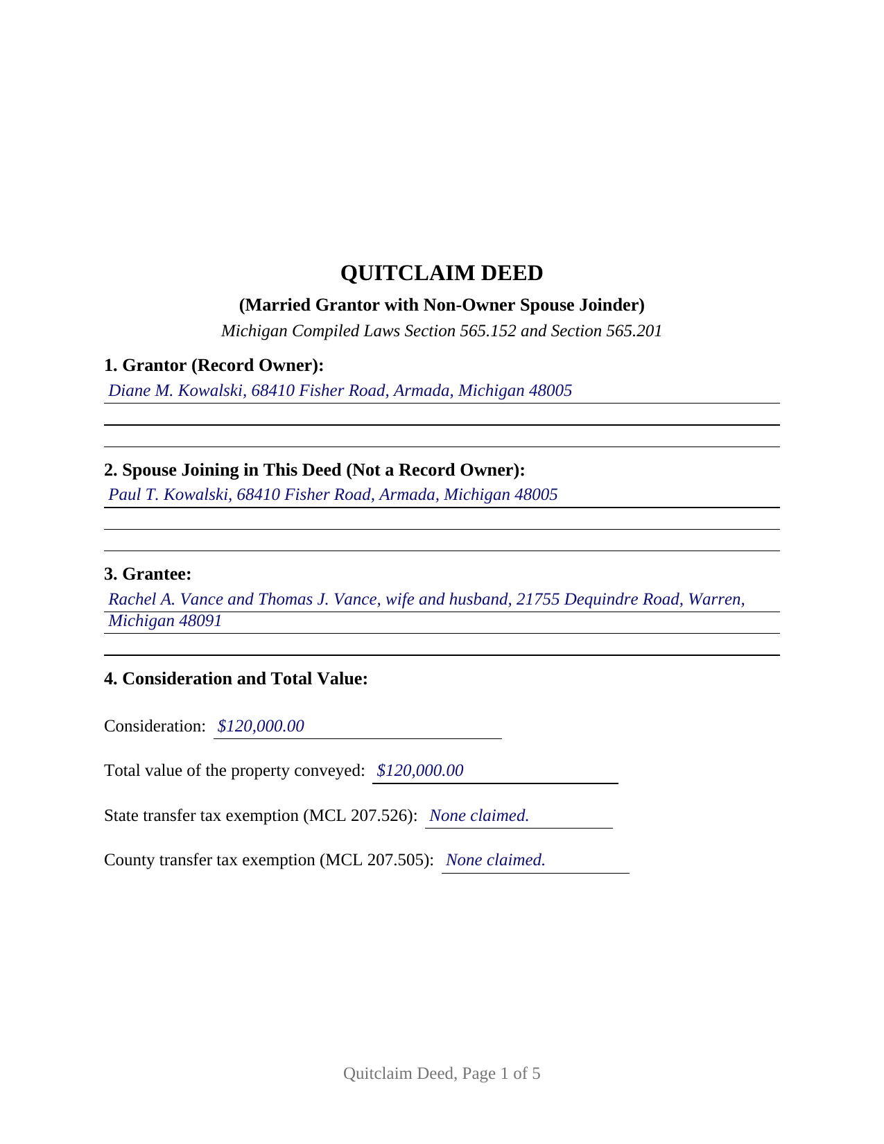 Allegan County Completed Example of the Quitclaim Deed (Married Grantor with Non-Owner Spouse Joinder) Document