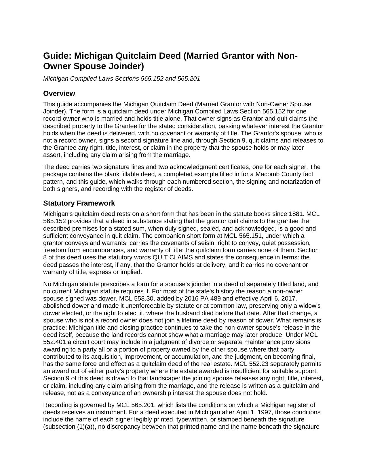 Montcalm County Quitclaim Deed (Married Grantor with Non-Owner Spouse Joinder) Guide