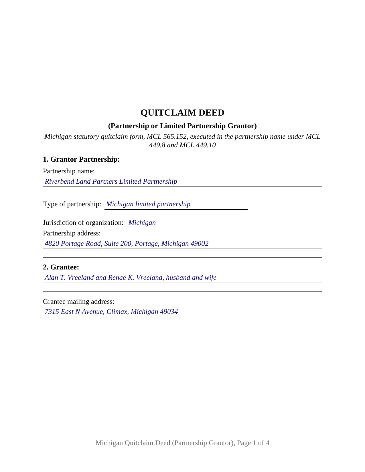 Luce County Completed Example of the Quitclaim Deed (Partnership or Limited Partnership Grantor) Document
