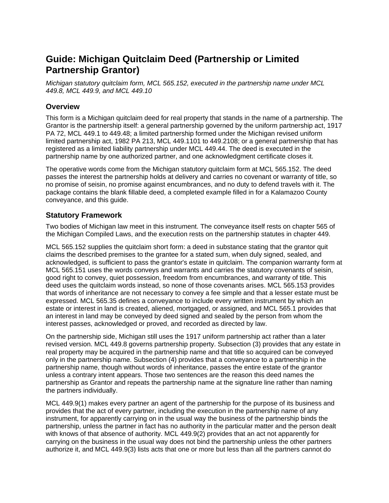 Luce County Quitclaim Deed (Partnership or Limited Partnership Grantor) Guide