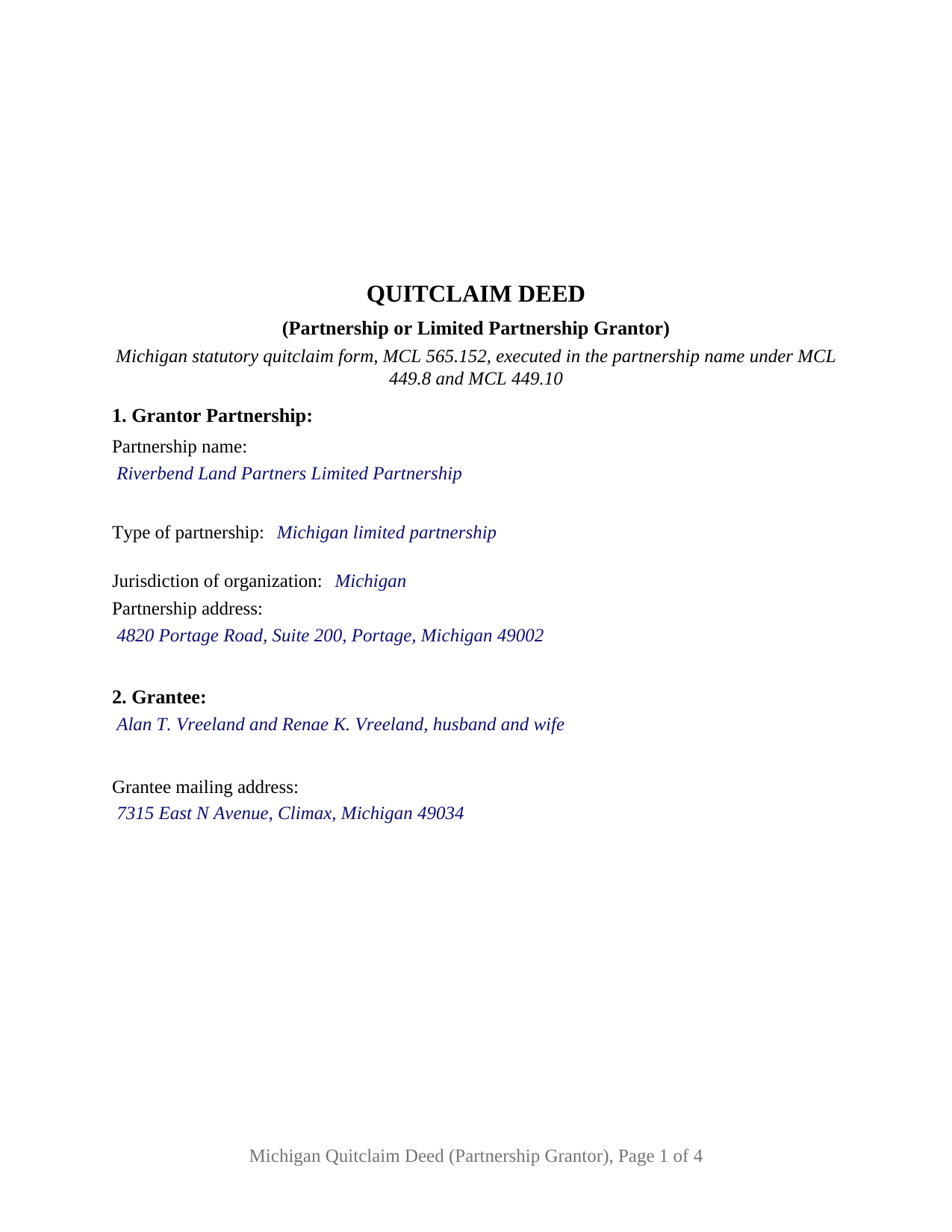 Clare County Completed Example of the Quitclaim Deed (Partnership or Limited Partnership Grantor) Document
