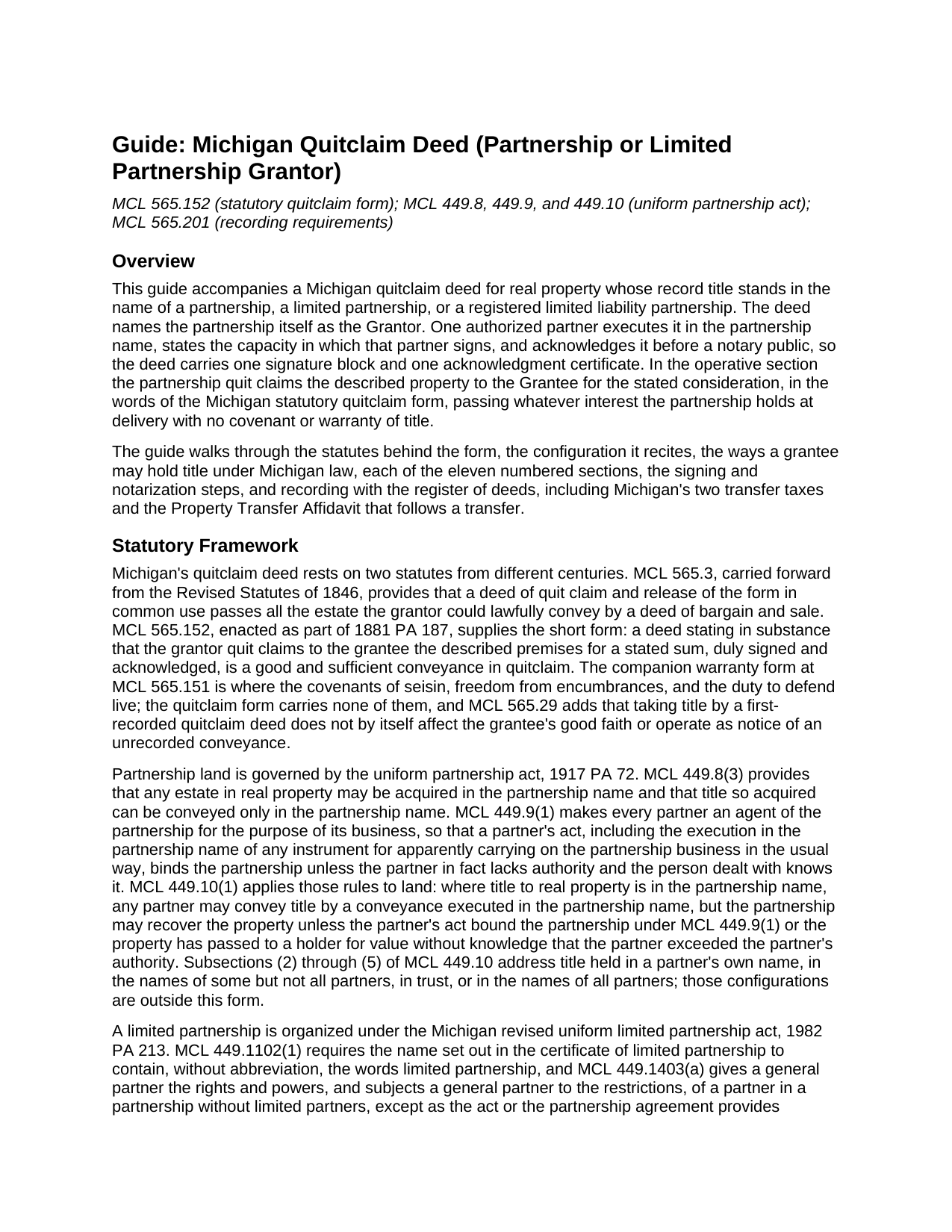 Clare County Quitclaim Deed (Partnership or Limited Partnership Grantor) Guide