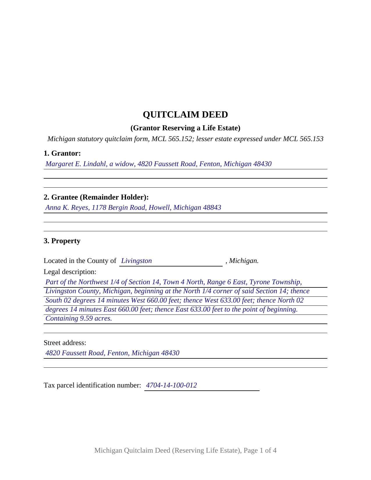 Mason County Completed Example of the Quitclaim Deed (Reserving Life Estate) Document