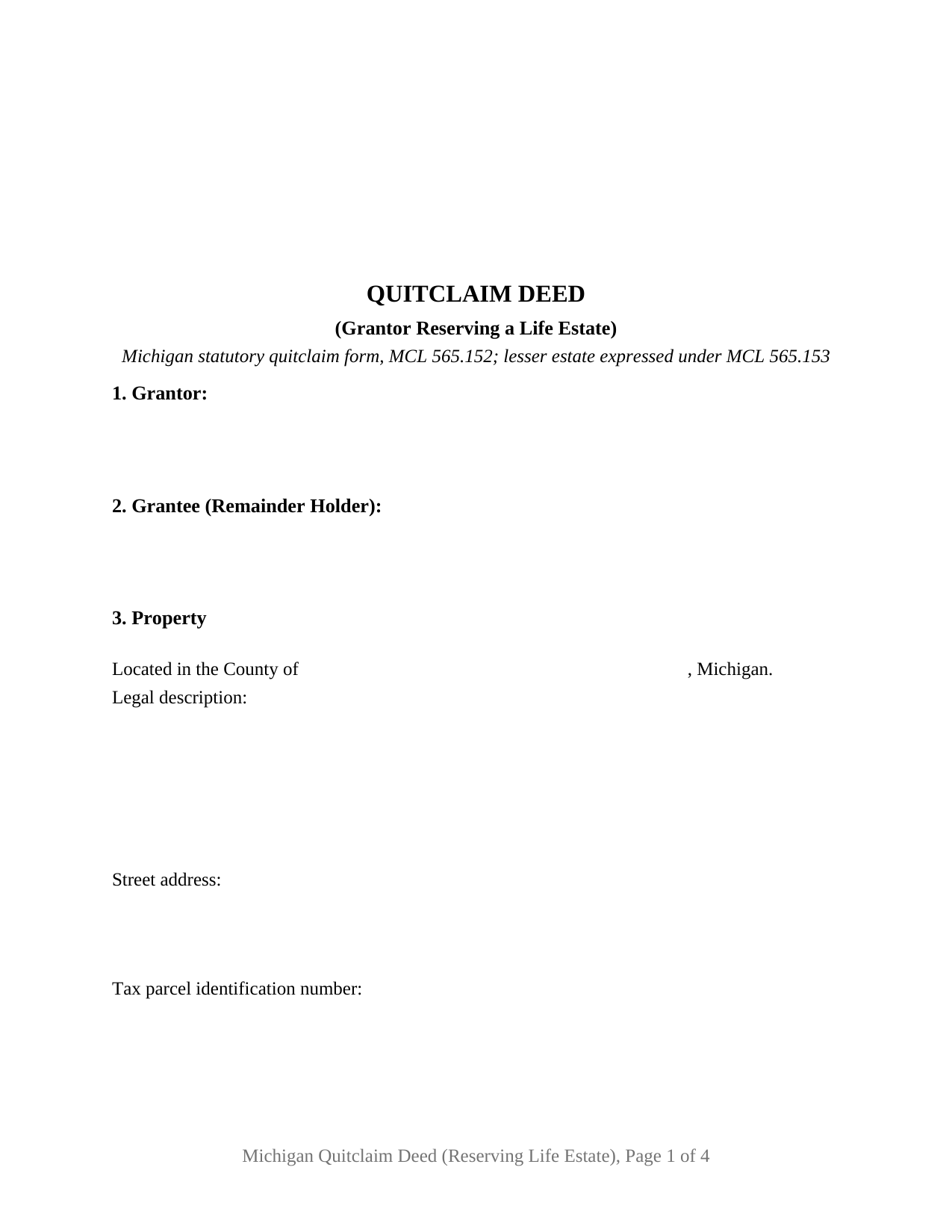 Gogebic County Quitclaim Deed (Reserving Life Estate) Form