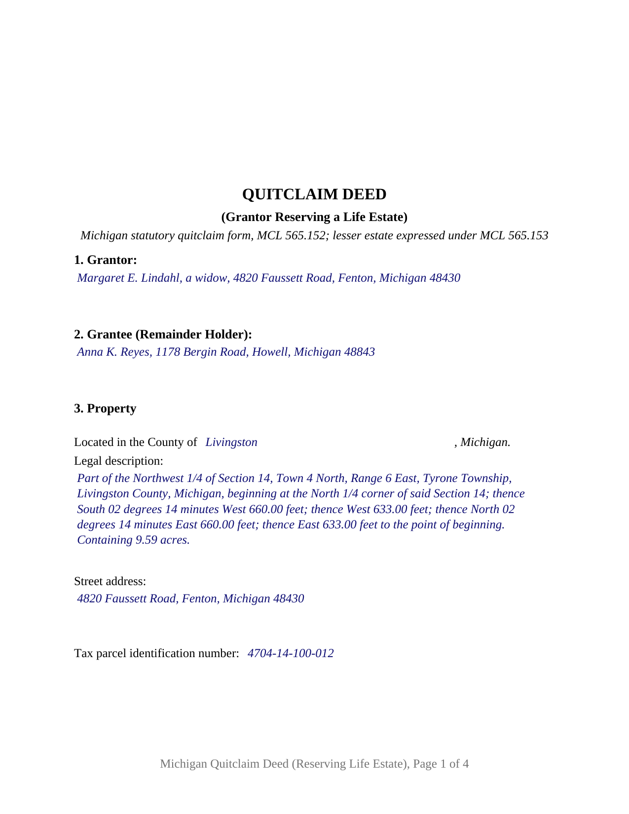 Gogebic County Completed Example of the Quitclaim Deed (Reserving Life Estate) Document