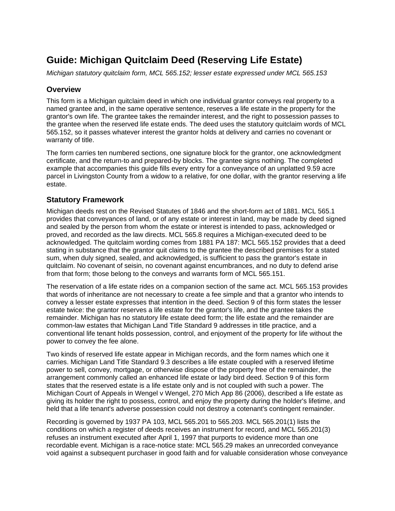 Gogebic County Quitclaim Deed (Reserving Life Estate) Guide