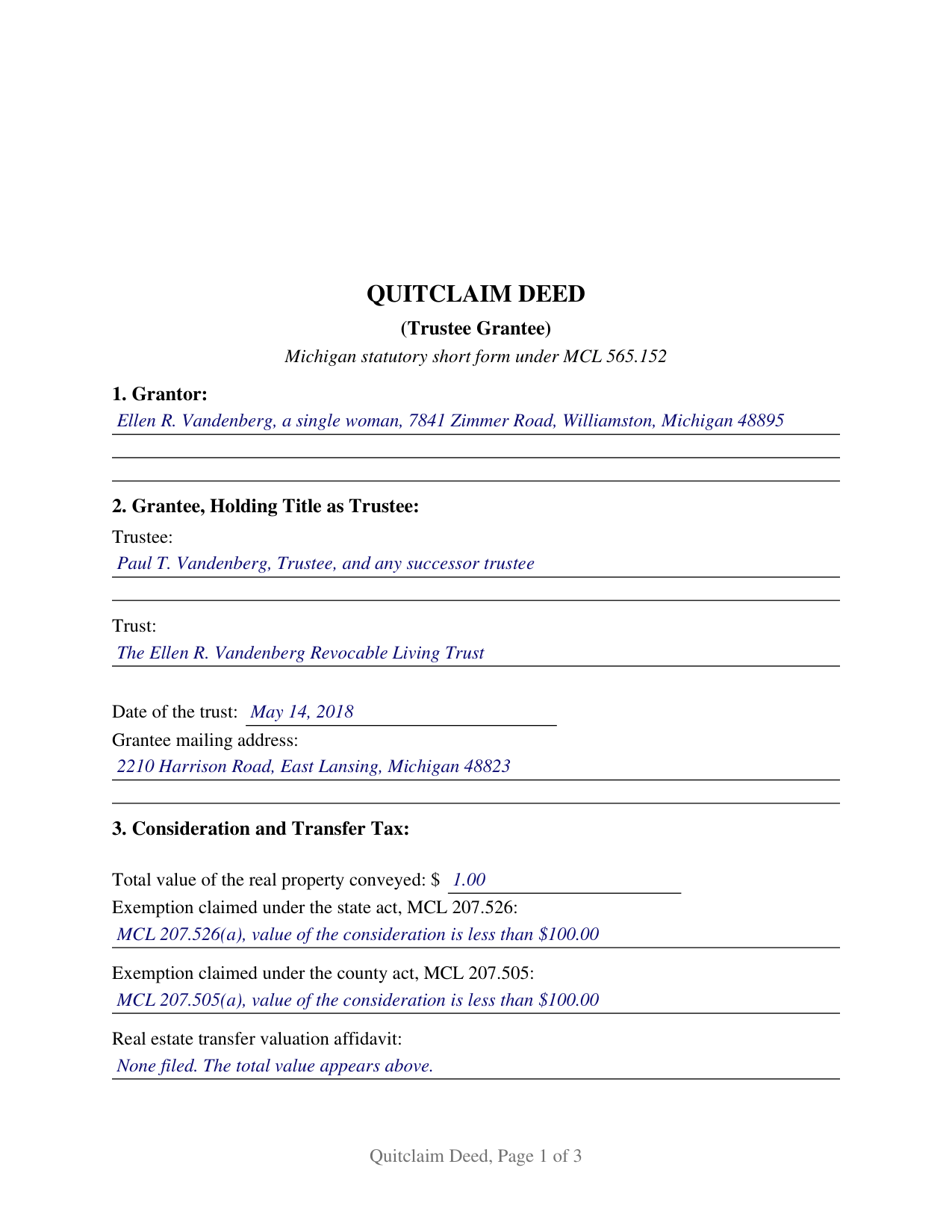 Alger County Completed Example of the Quitclaim Deed (Trustee Grantee) Document