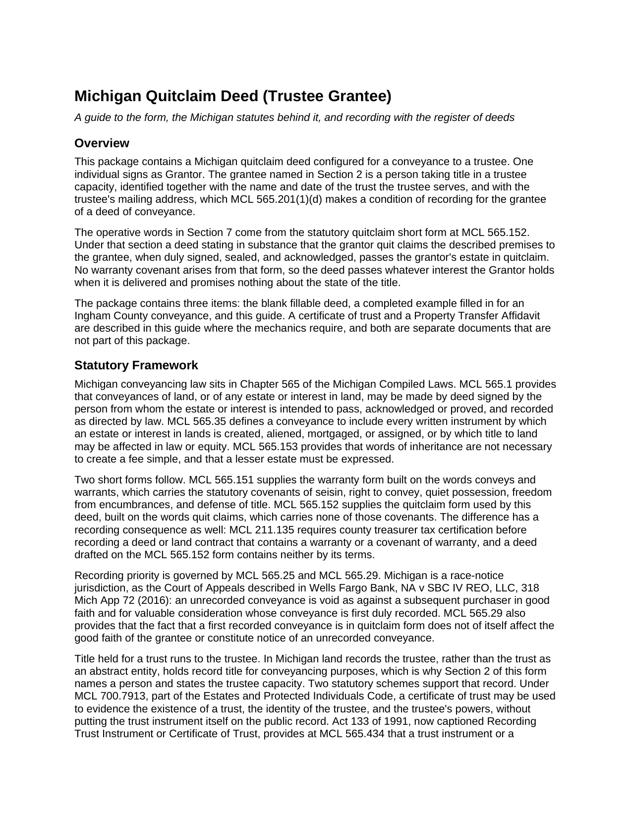 Alger County Quitclaim Deed (Trustee Grantee) Guide