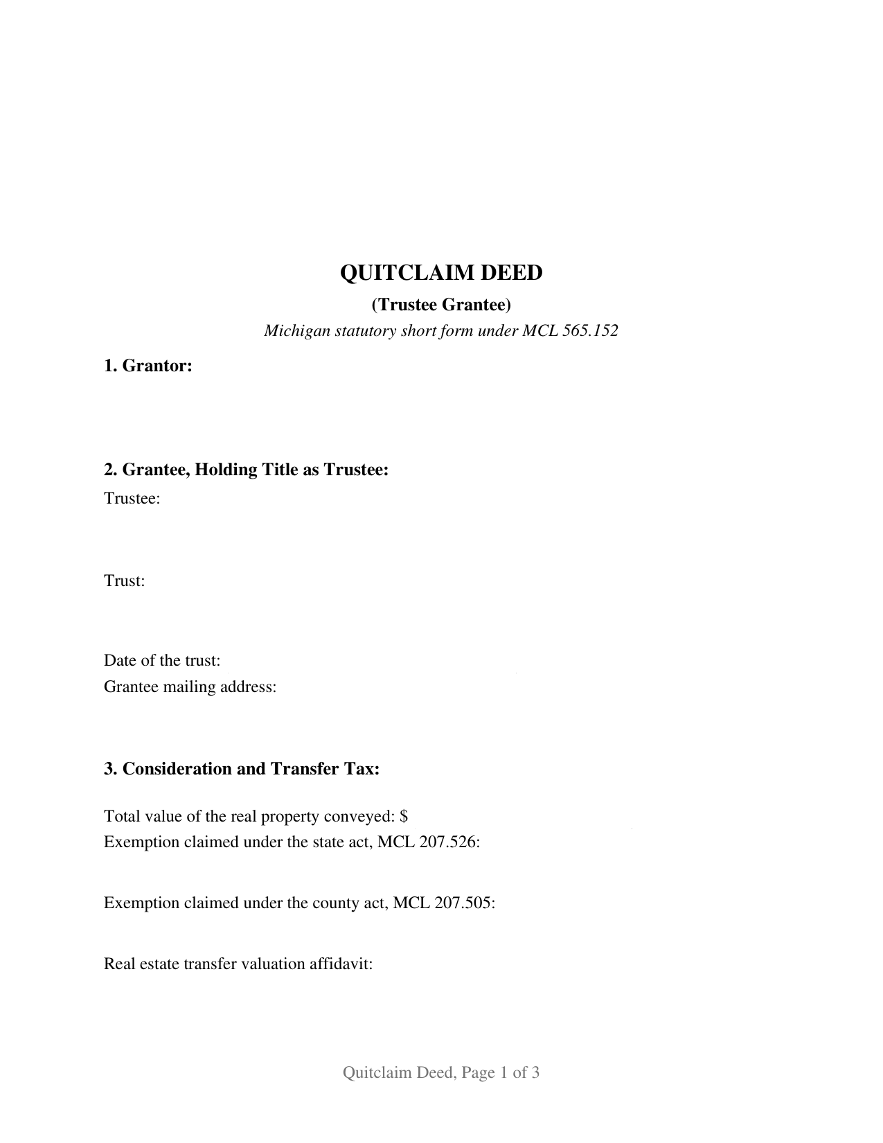Alger County Quitclaim Deed (Trustee Grantee) Form