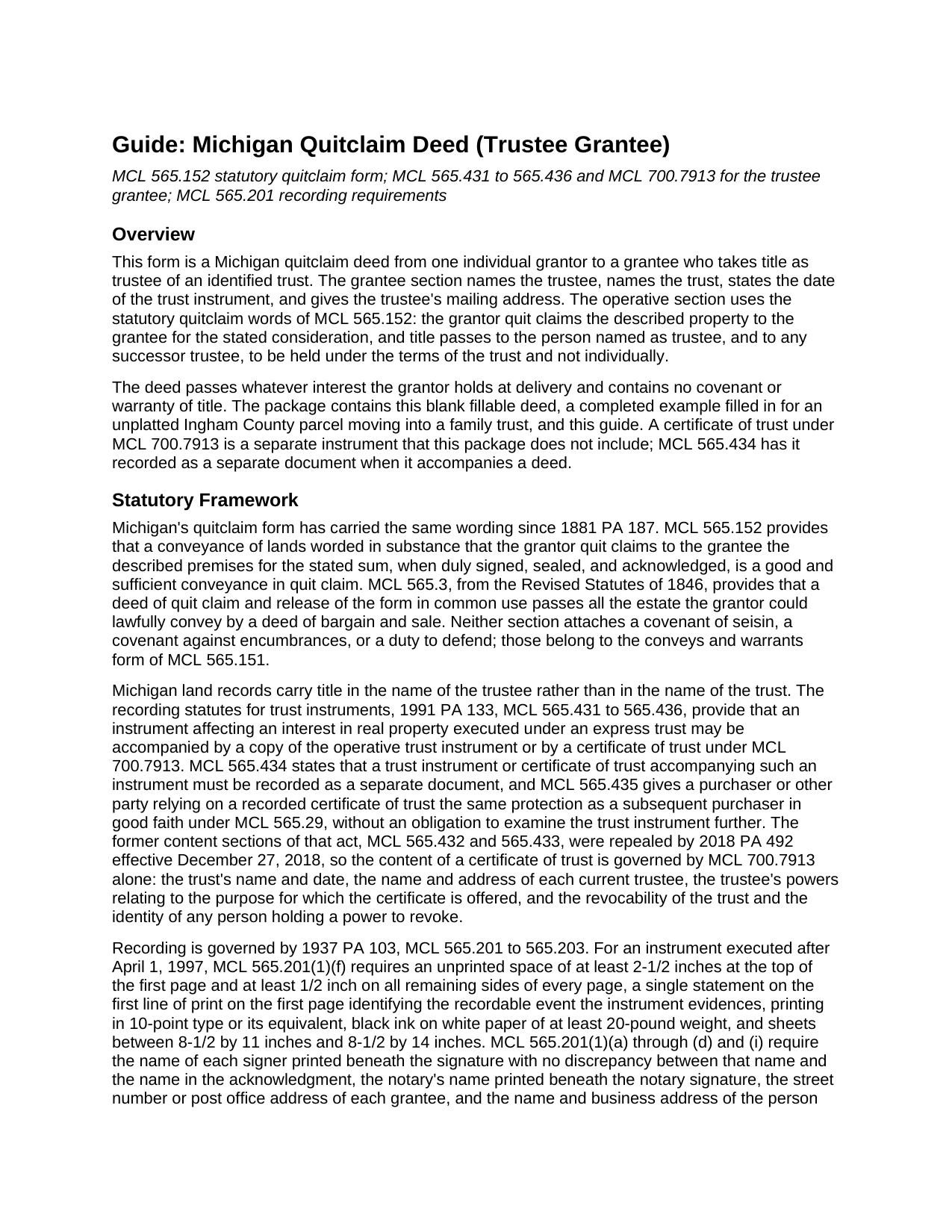Barry County Quitclaim Deed (Trustee Grantee) Guide