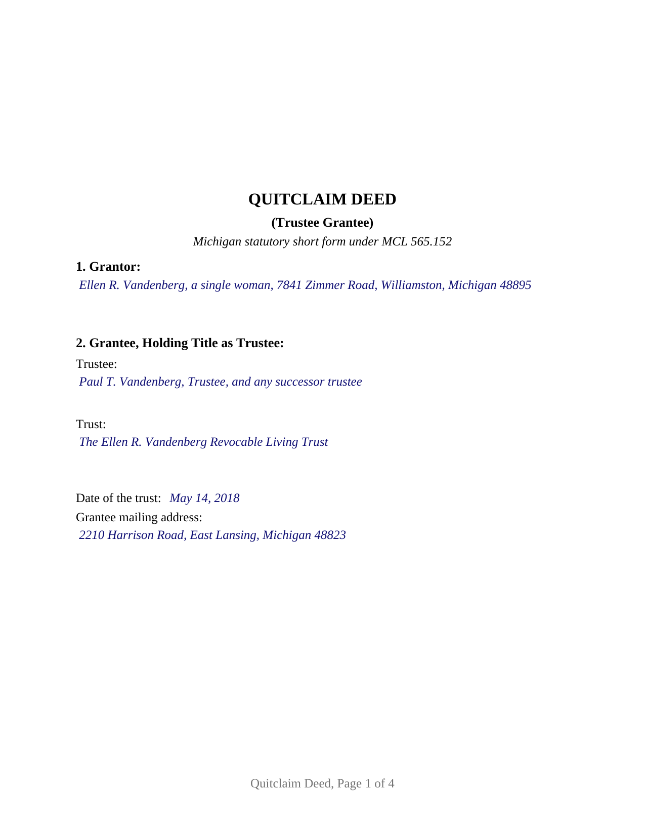 Barry County Completed Example of the Quitclaim Deed (Trustee Grantee) Document
