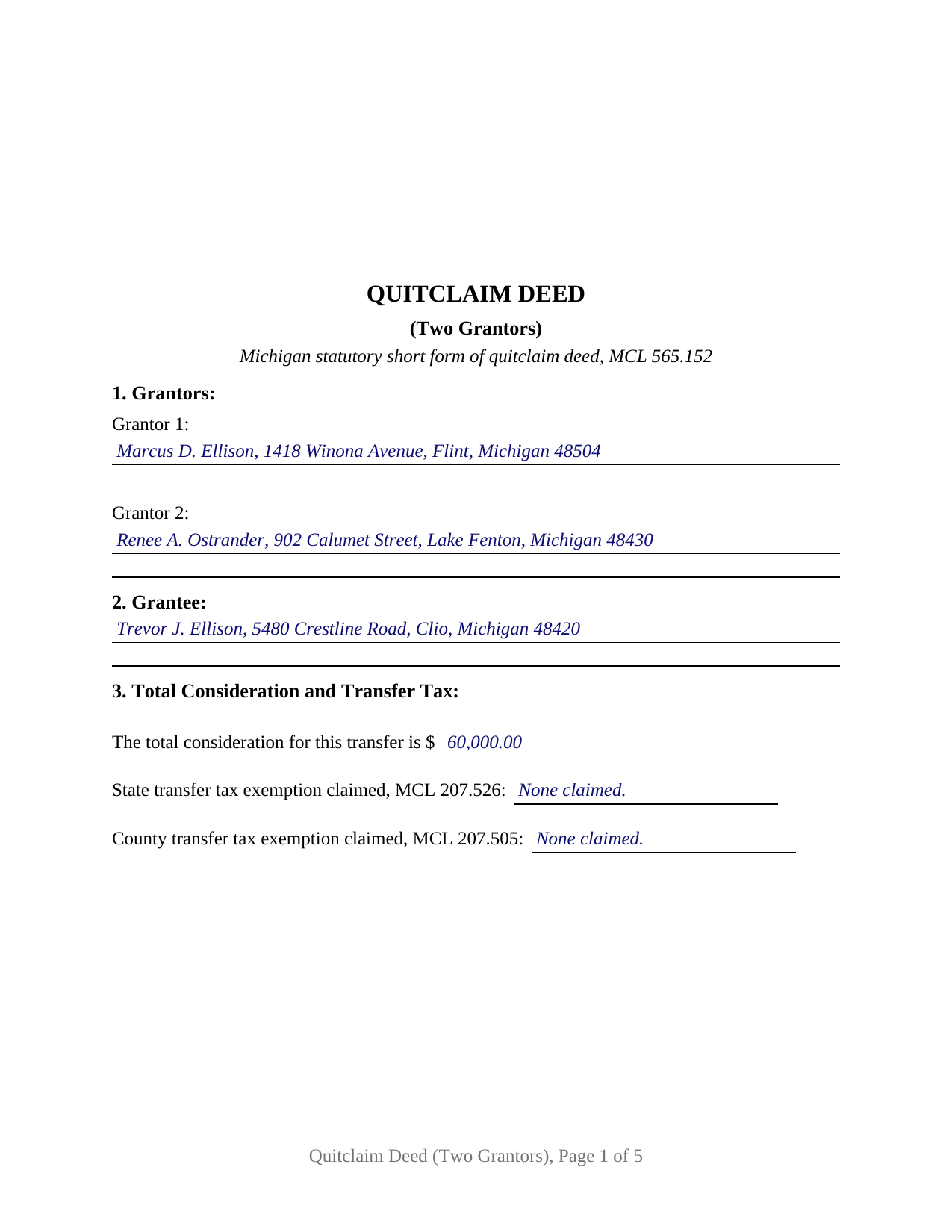 Muskegon County Completed Example of the Quitclaim Deed (Two Grantors) Document