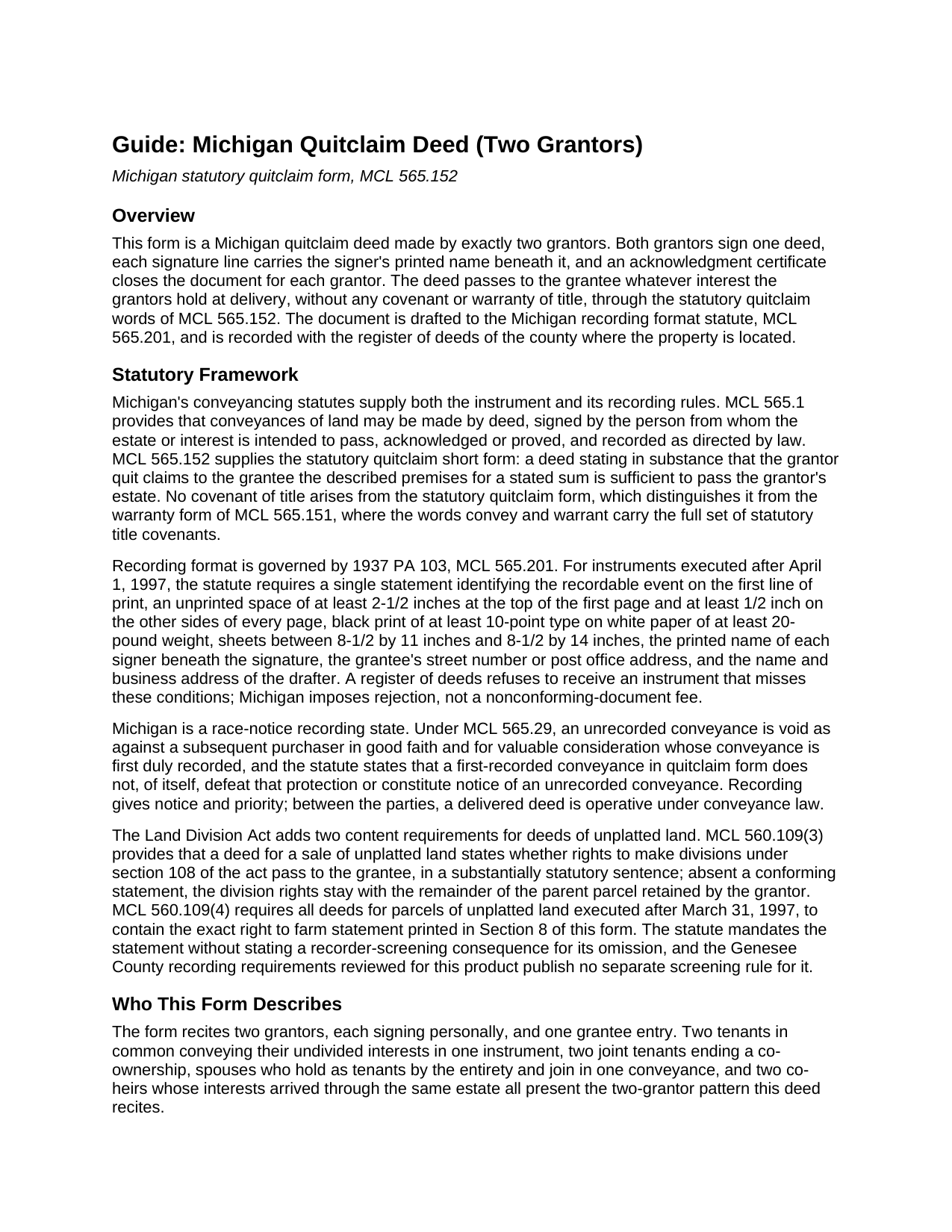 Muskegon County Quitclaim Deed (Two Grantors) Guide