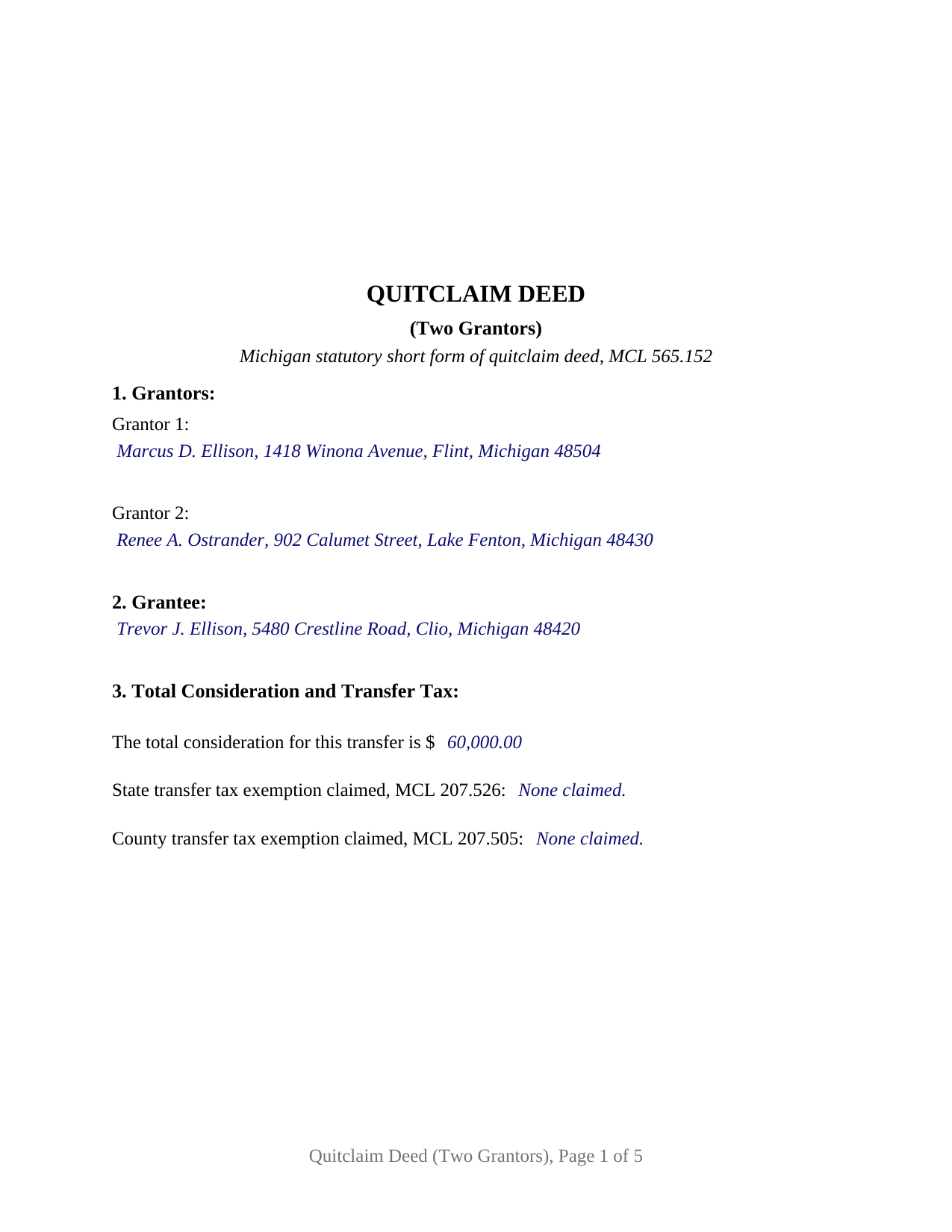 Wayne County Completed Example of the Quitclaim Deed (Two Grantors) Document