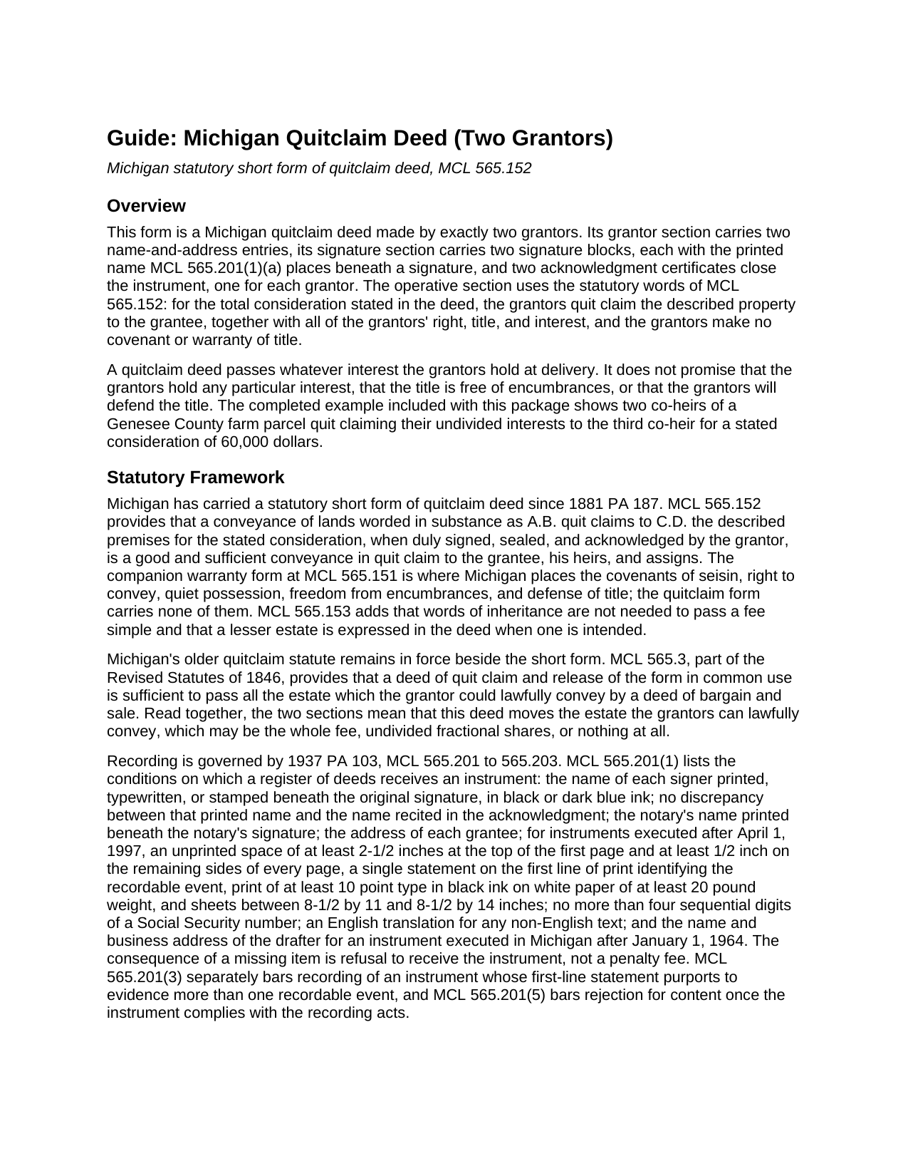 Wayne County Quitclaim Deed (Two Grantors) Guide