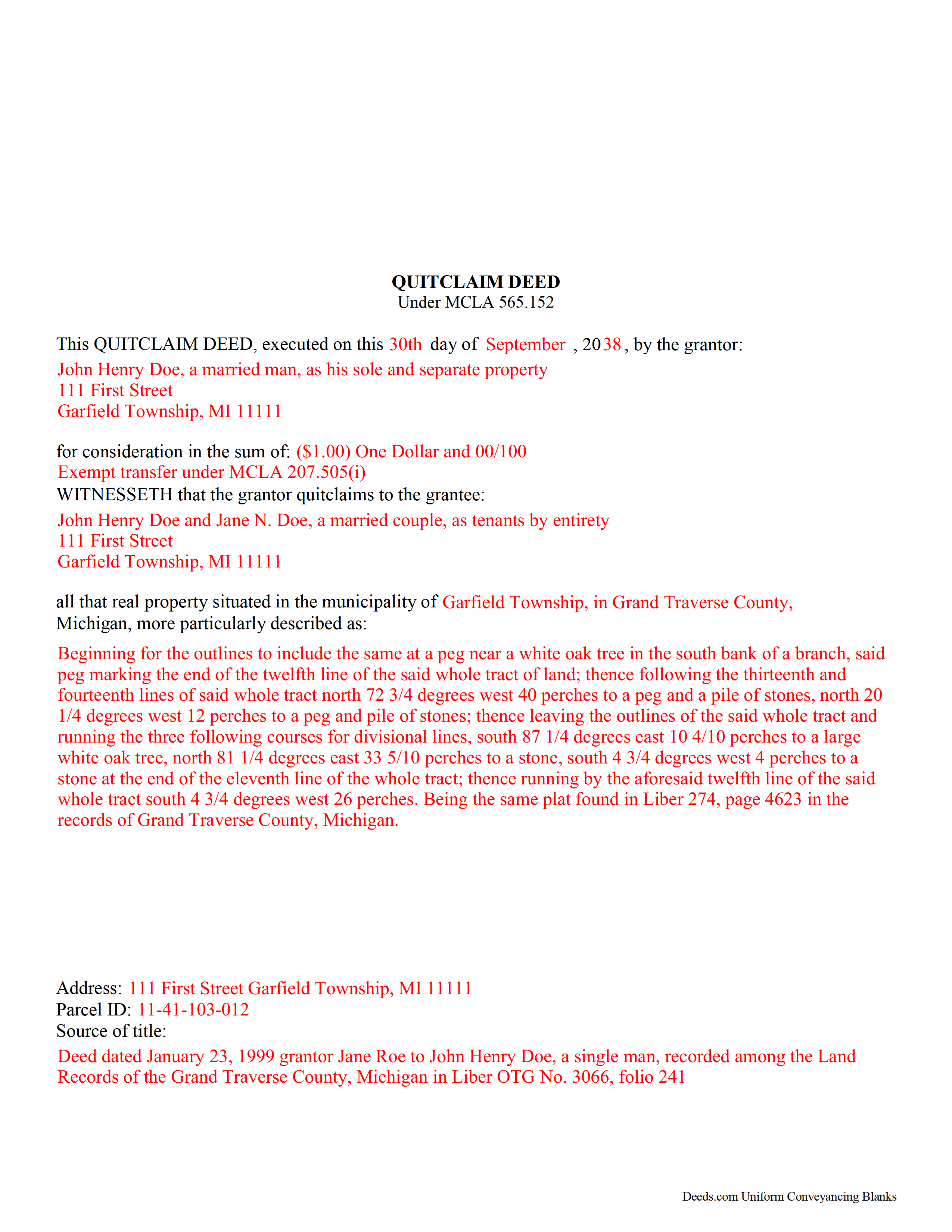 Iosco County Completed Example of the Quitclaim Deed Document