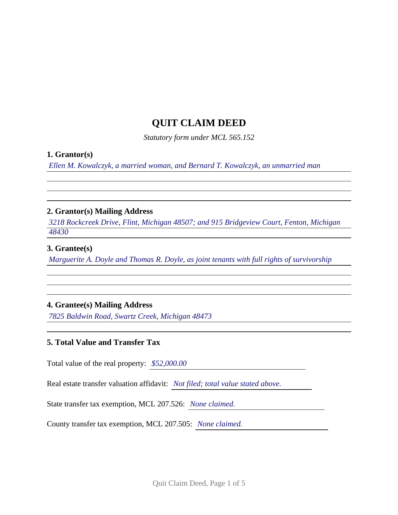 Montcalm County Completed Example of the Quitclaim Deed Document