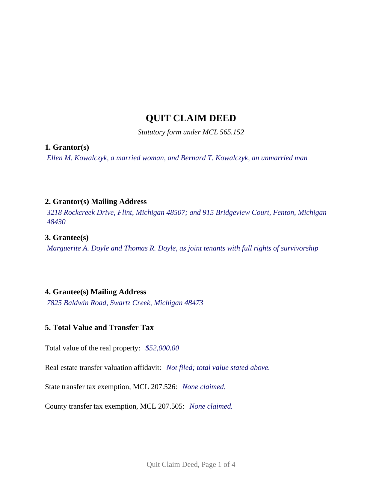Montcalm County Completed Example of the Quitclaim Deed Document