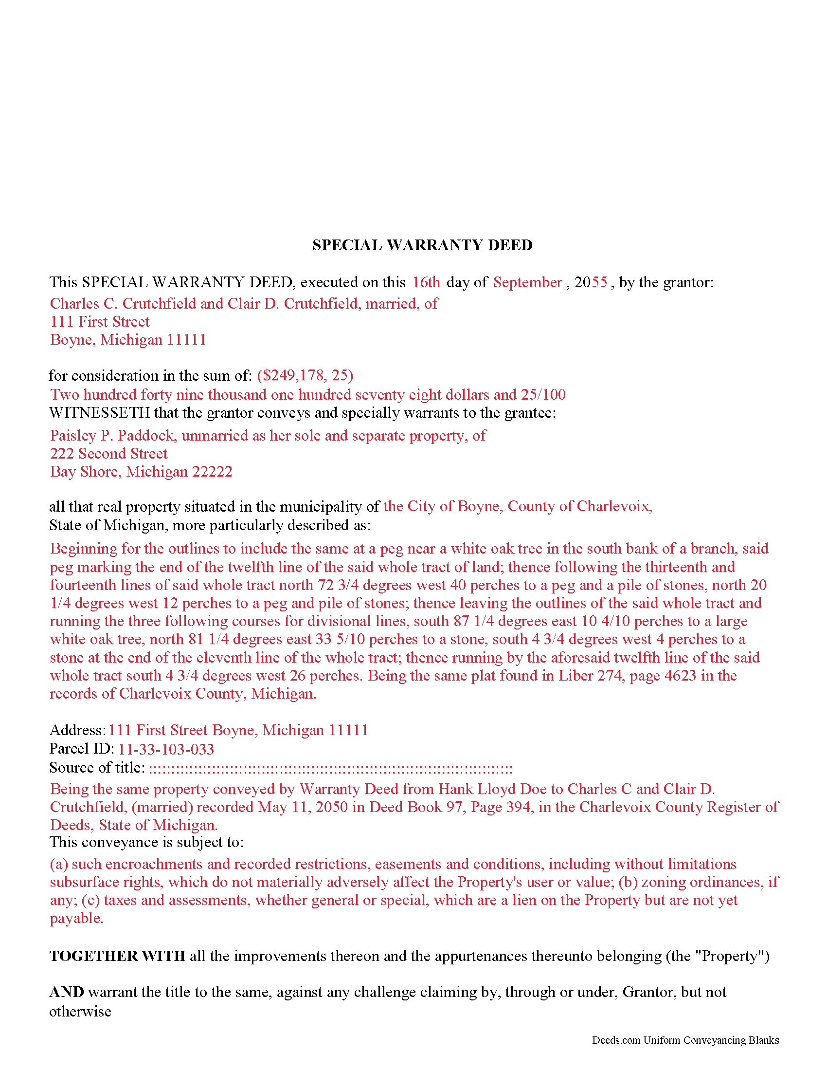 Newaygo County Completed Example of the Special Warranty Deed Document