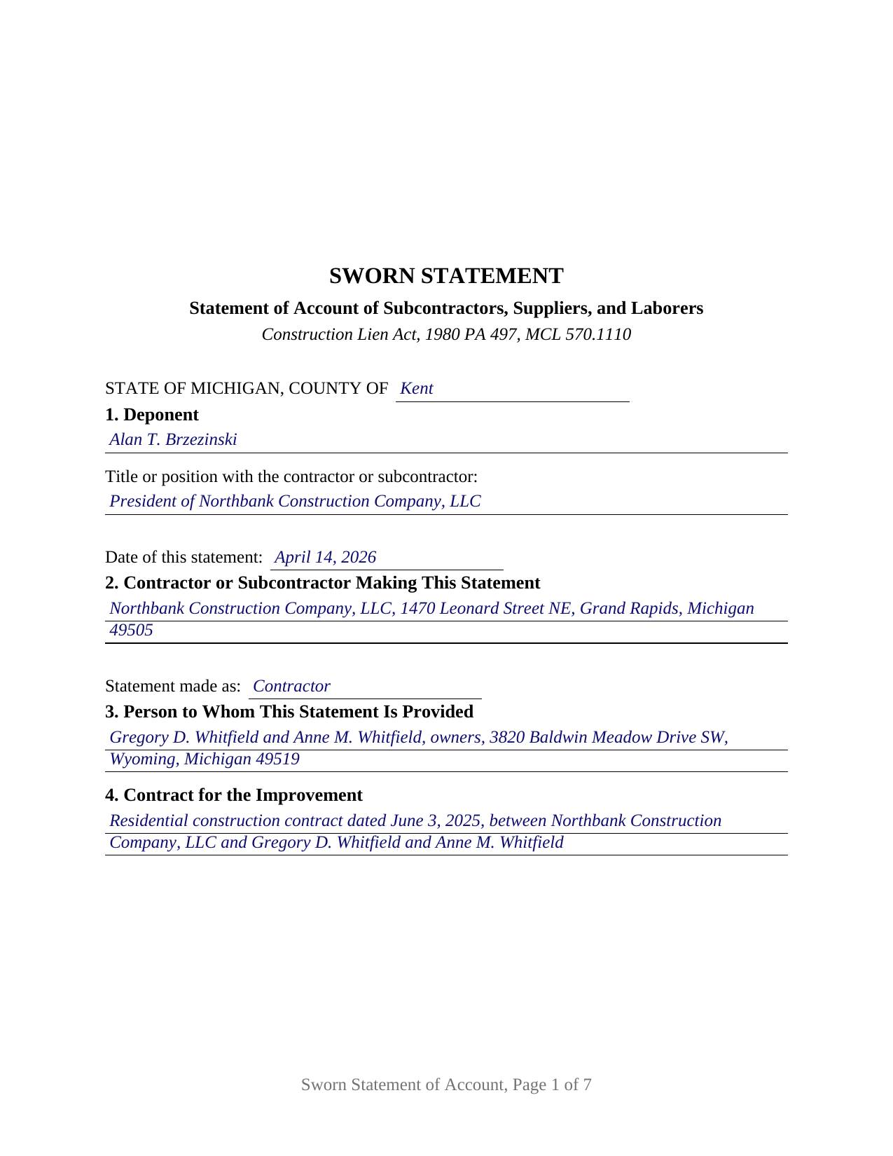 Schoolcraft County Completed Example of the Sworn Statement of Account Document