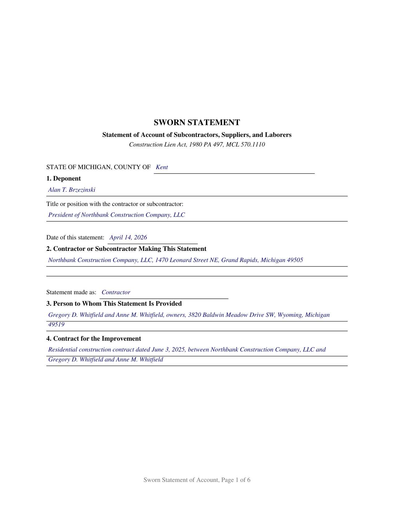 Branch County Completed Example of the Sworn Statement of Account Document
