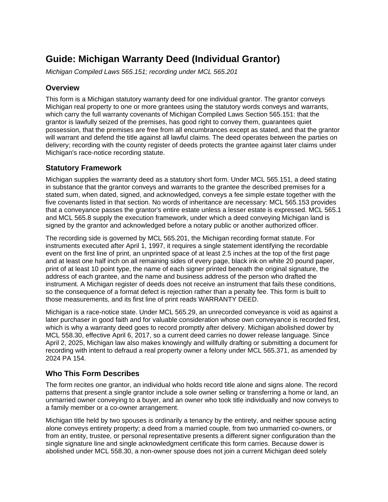 Macomb County Warranty Deed (Individual Grantor) Guide