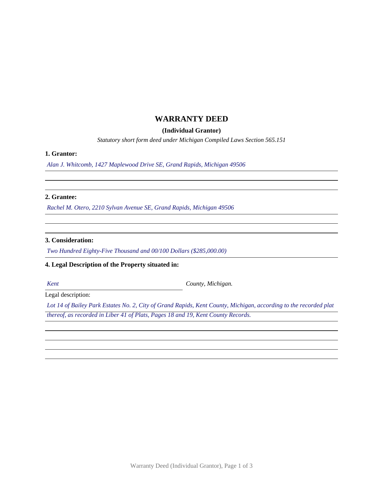 Macomb County Completed Example of the Warranty Deed (Individual Grantor) Document