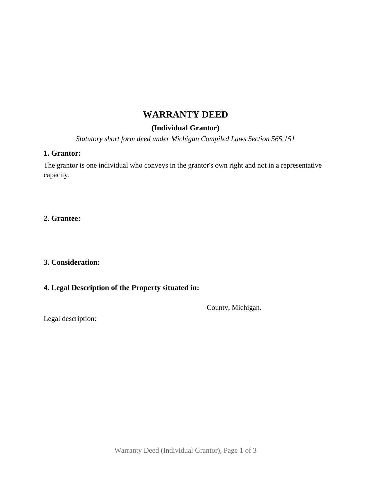 Charlevoix County Warranty Deed (Individual Grantor) Form