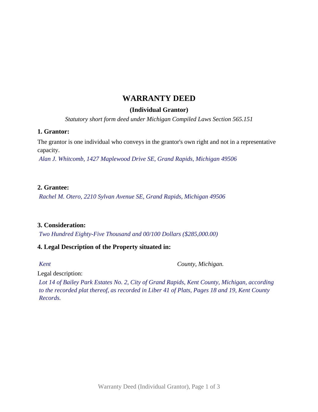 Charlevoix County Completed Example of the Warranty Deed (Individual Grantor) Document