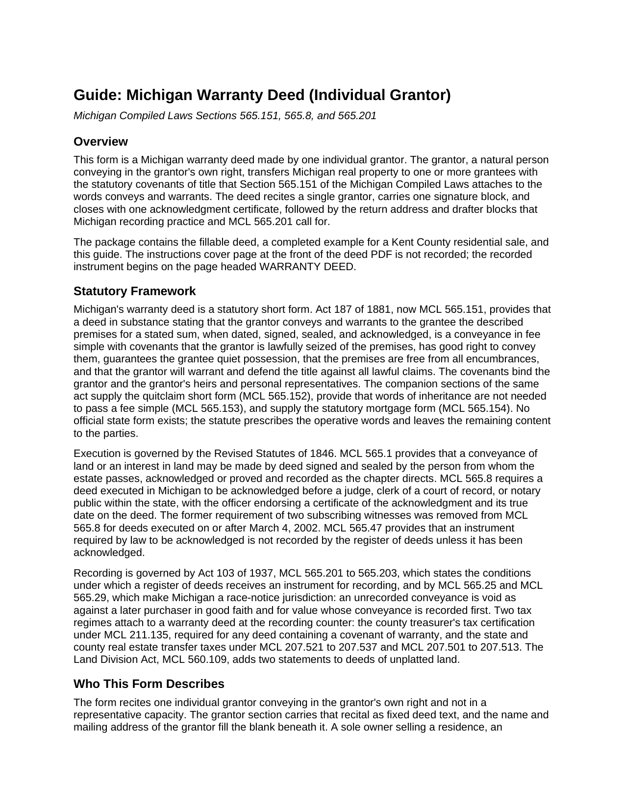 Charlevoix County Warranty Deed (Individual Grantor) Guide