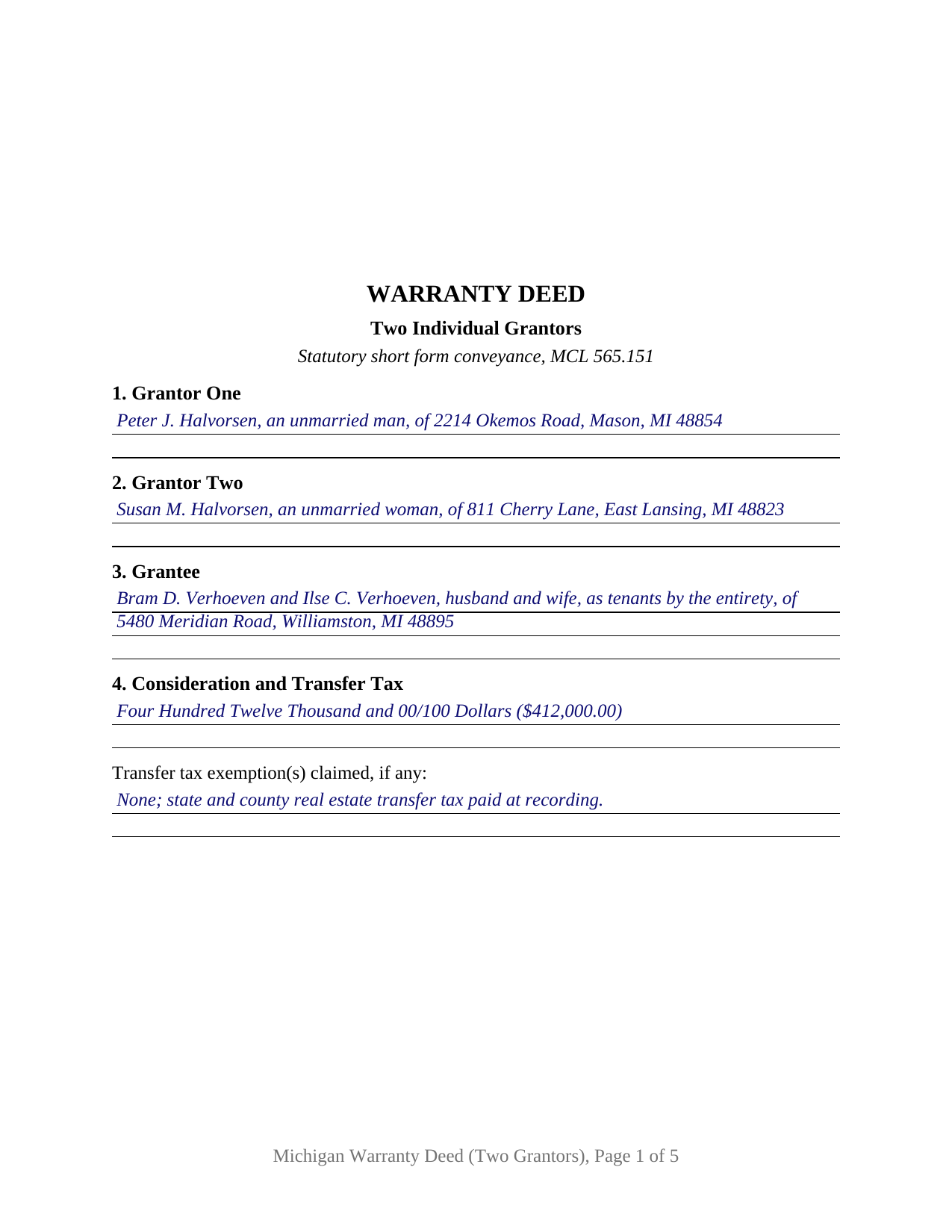 Kalkaska County Completed Example of the Warranty Deed (Two Grantors) Document