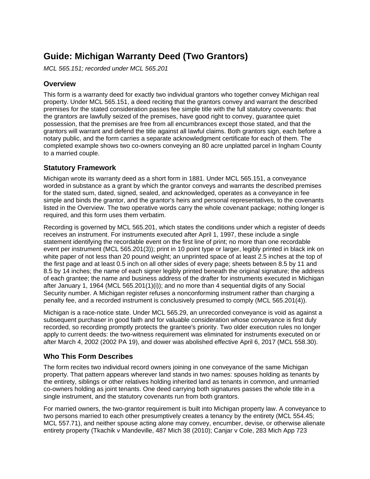Kalkaska County Warranty Deed (Two Grantors) Guide