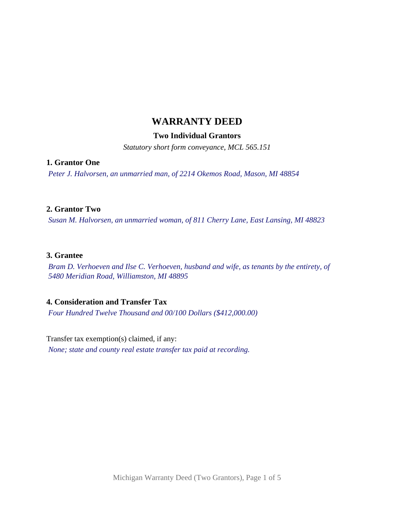 Gogebic County Completed Example of the Warranty Deed (Two Grantors) Document
