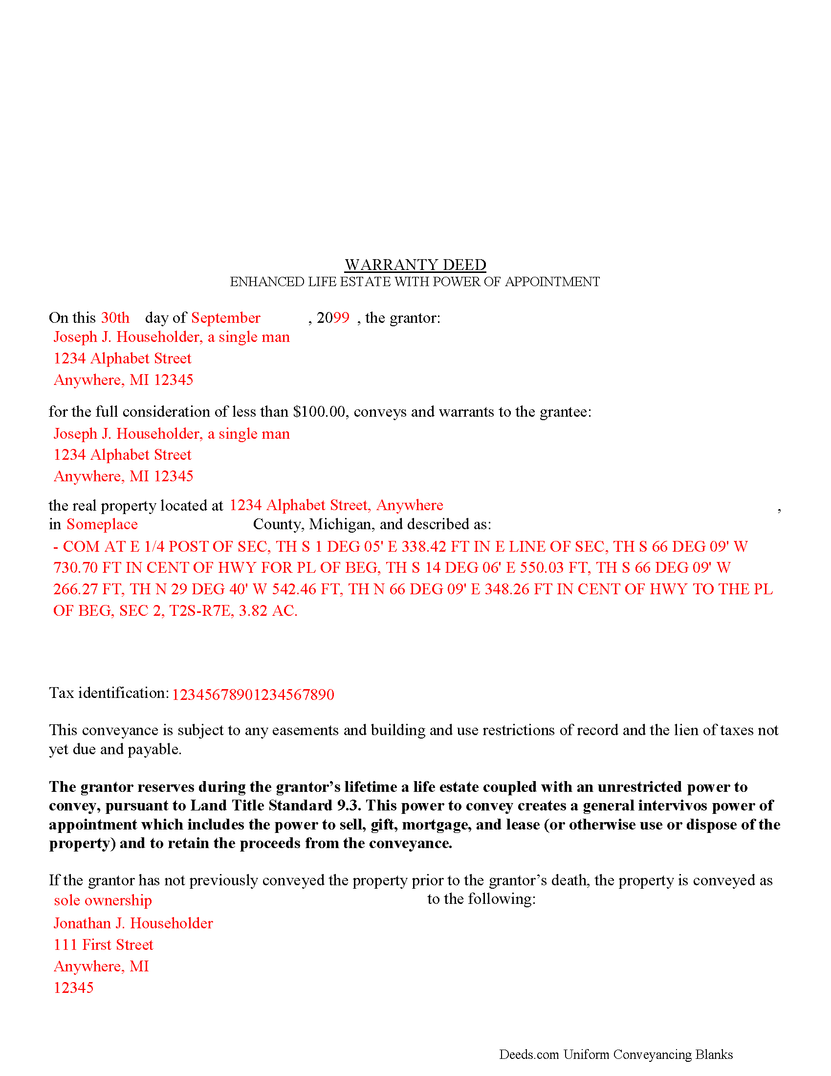 Shiawassee County Completed Example of the Warranty Deed with Enhanced Life Estate Document