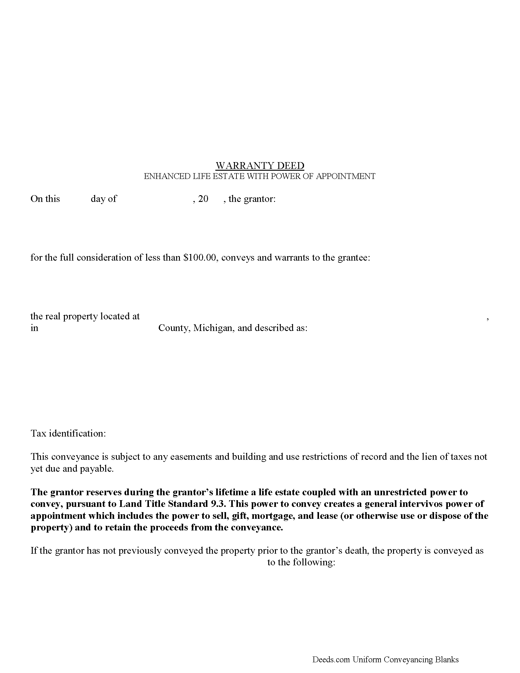 Shiawassee County Warranty Deed with Enhanced Life Estate Form