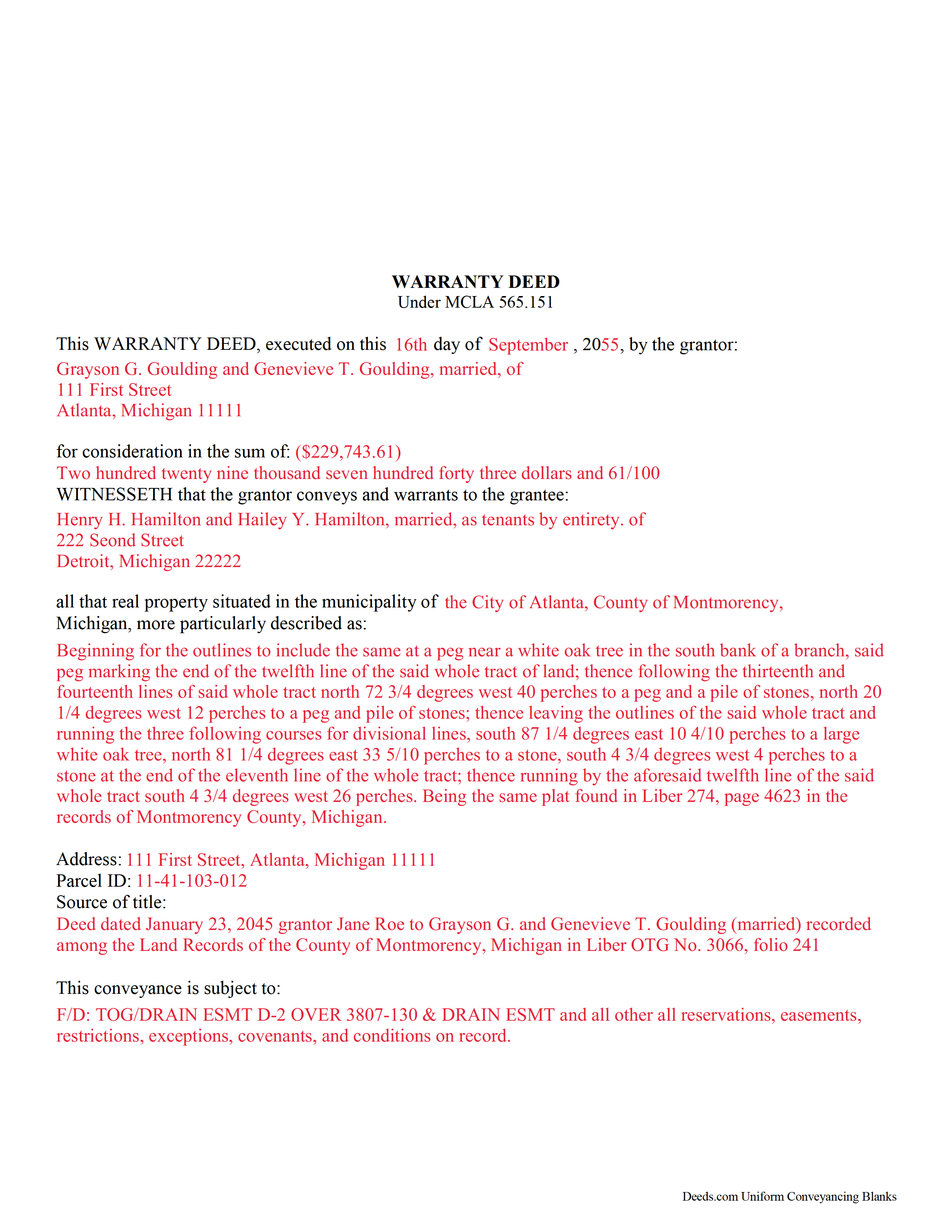 Ingham County Completed Example of the Warranty Deed Document