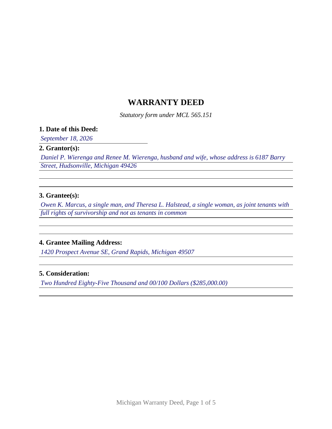 Iosco County Completed Example of the Warranty Deed Document