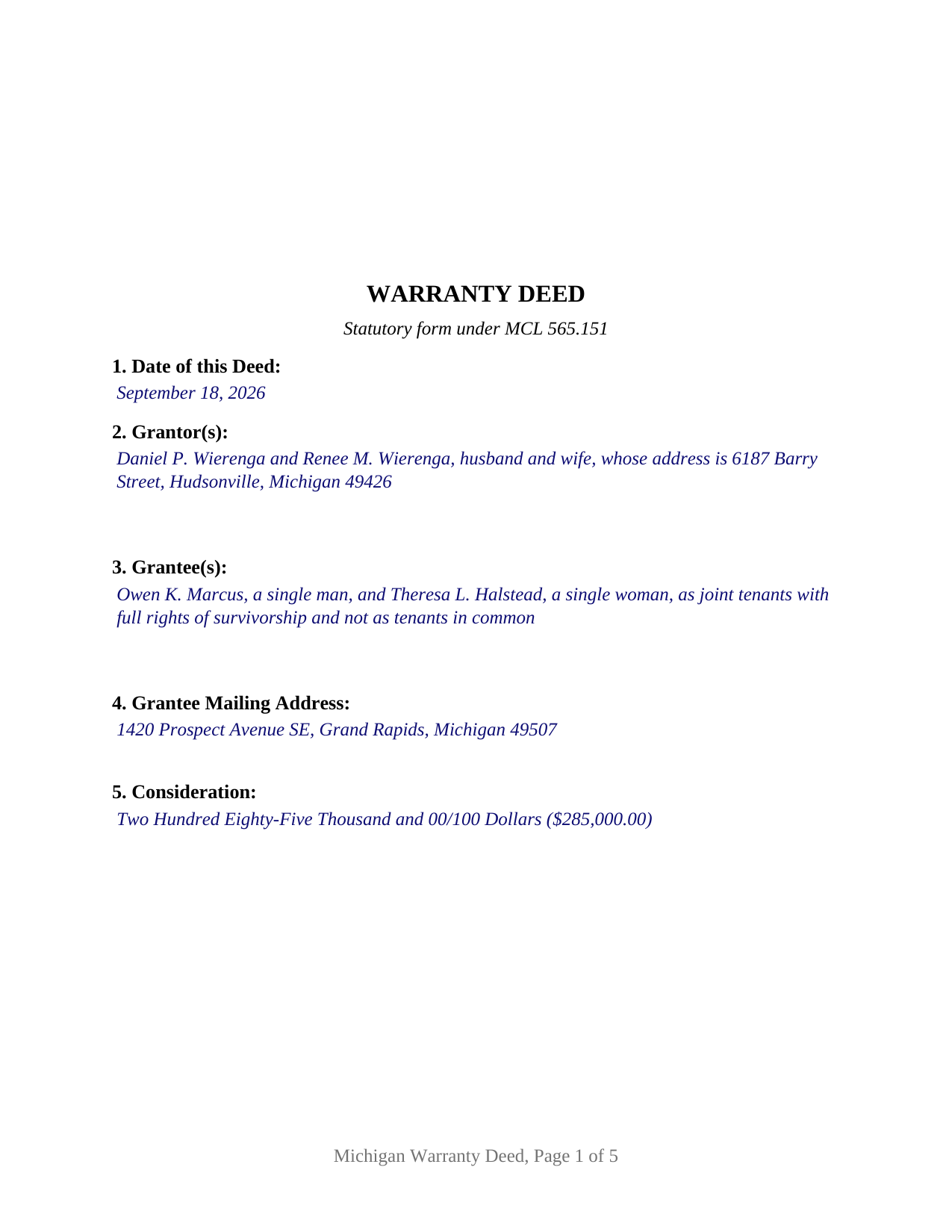 Wayne County Completed Example of the Warranty Deed Document