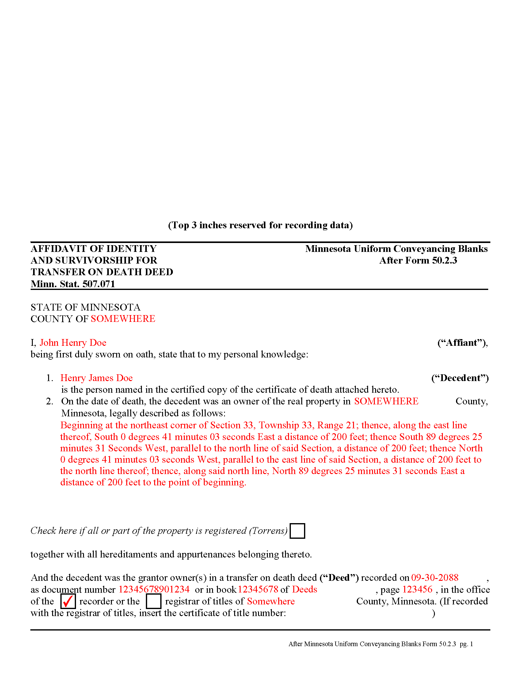 Brown County Completed Example of the Affidavit of Identity and Survivorship for TODD Document