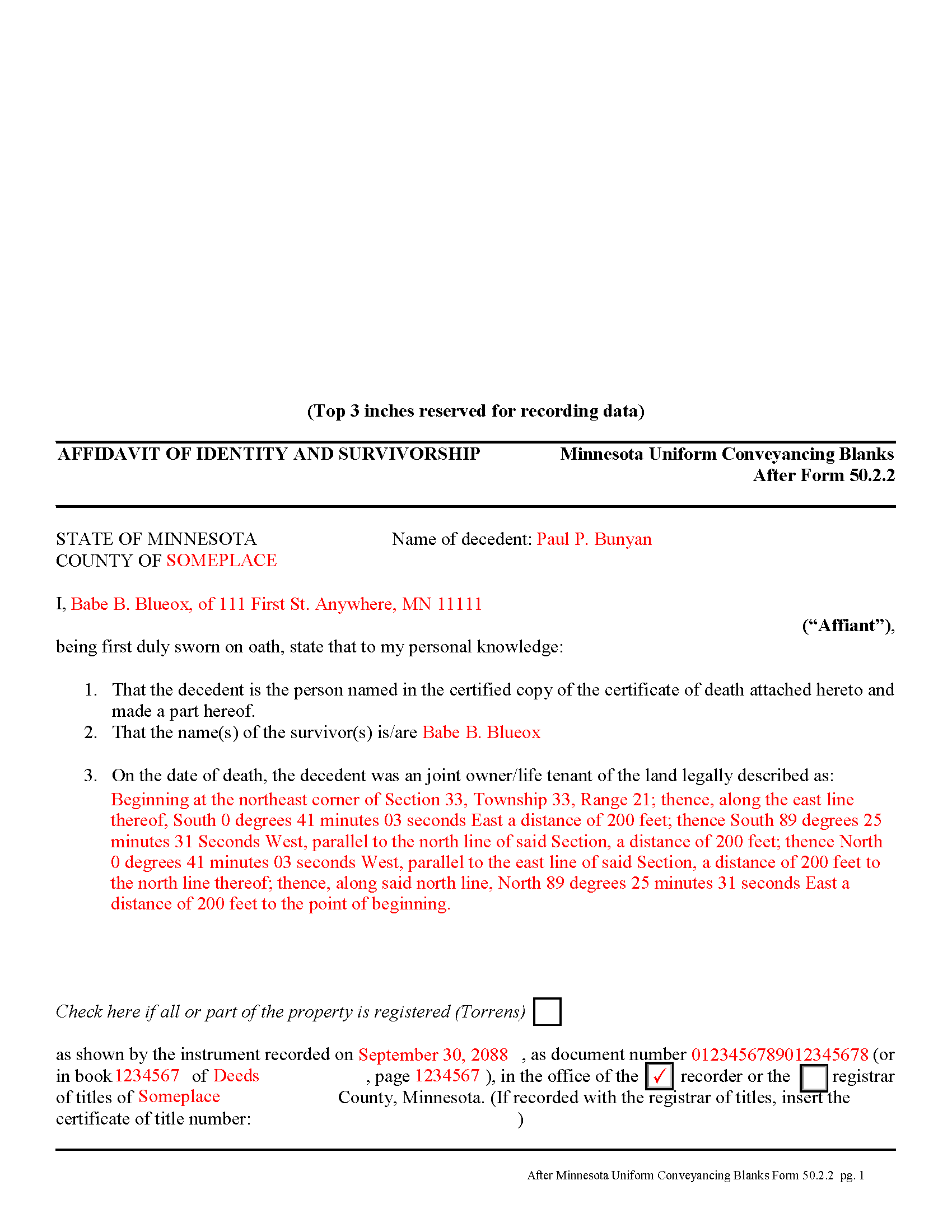 Completed Example of the Affidavit of Identity and Survivorship Document