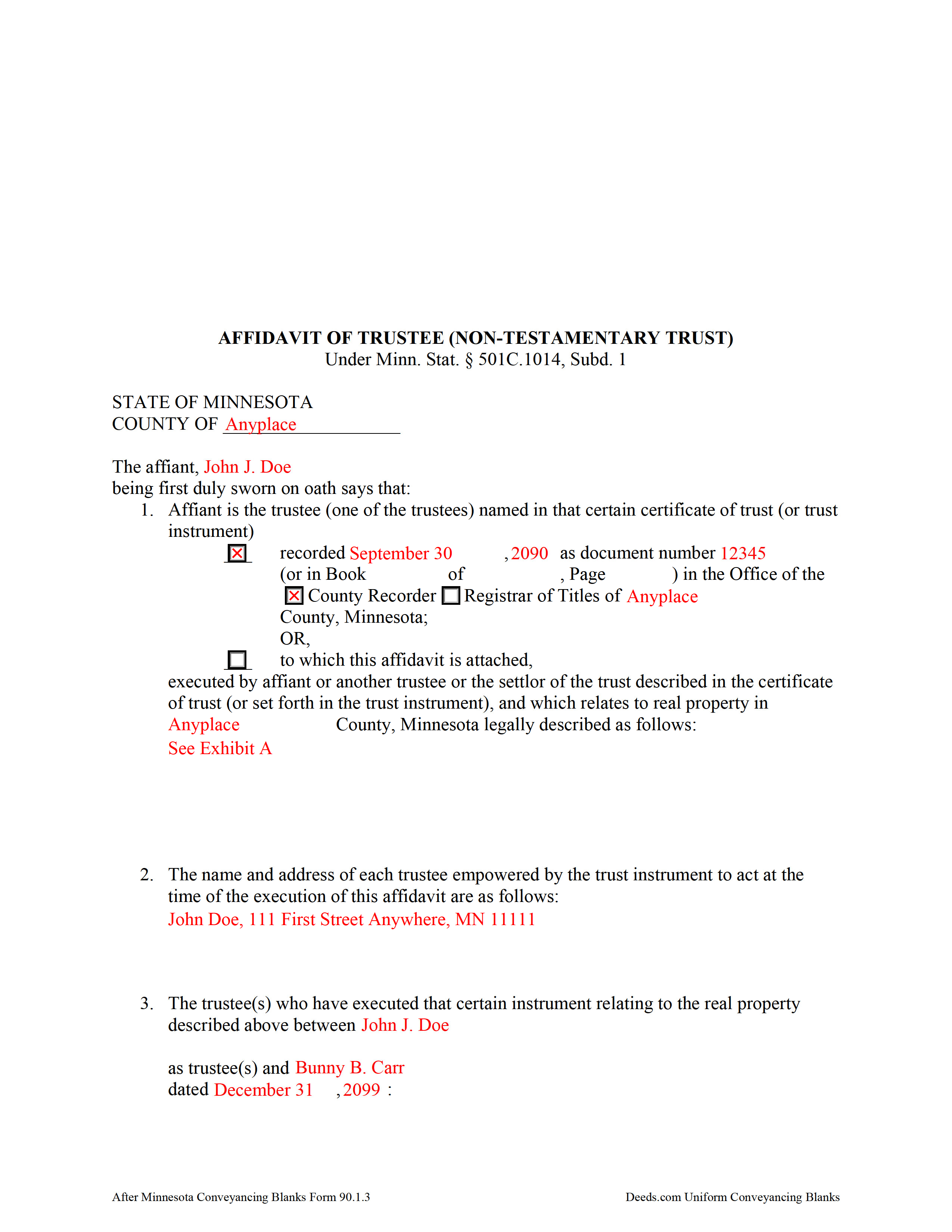 Completed Example of the Affidavit of Trustee Document
