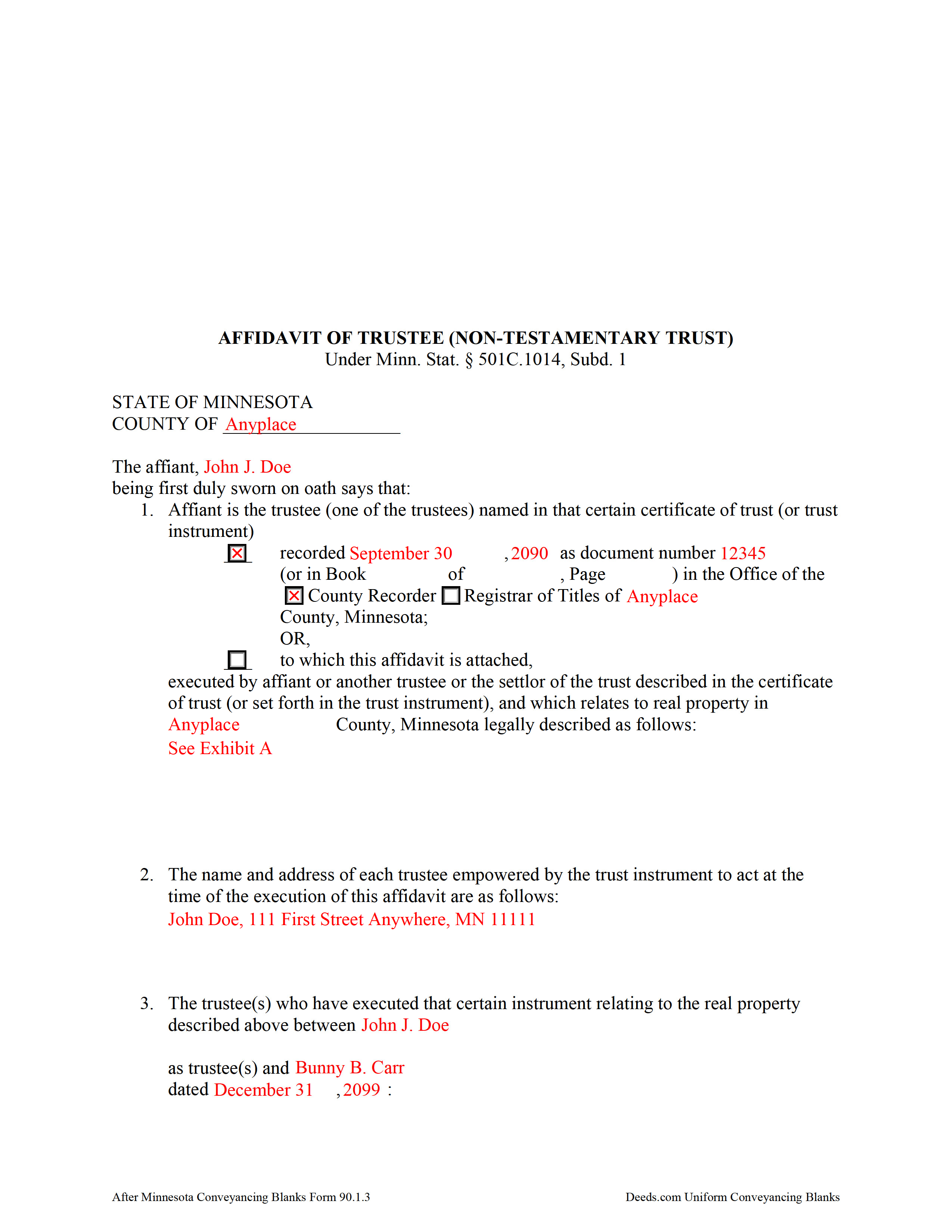 Grant County Completed Example of the Affidavit of Trustee Document