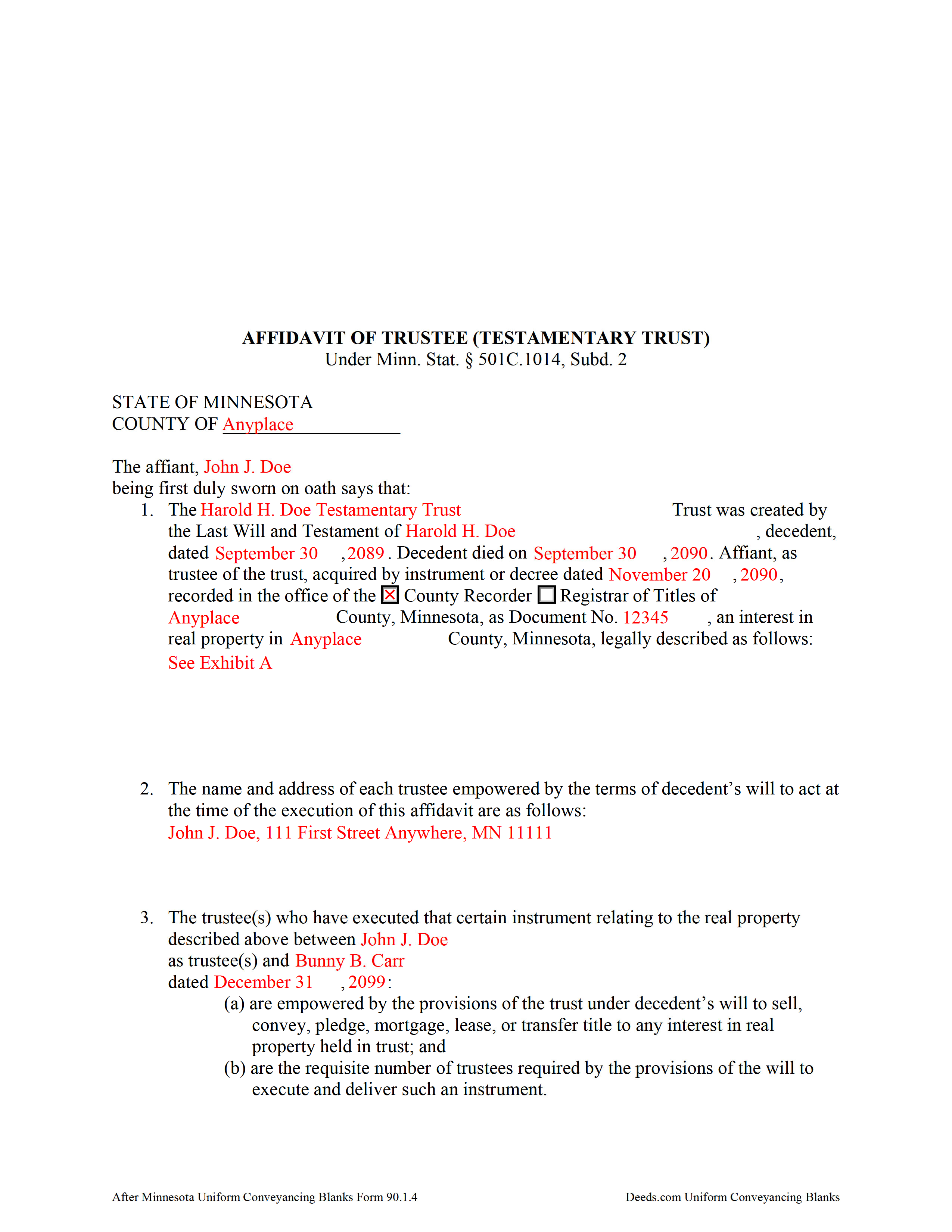 Completed Example of the Affidavit of Trustee Document