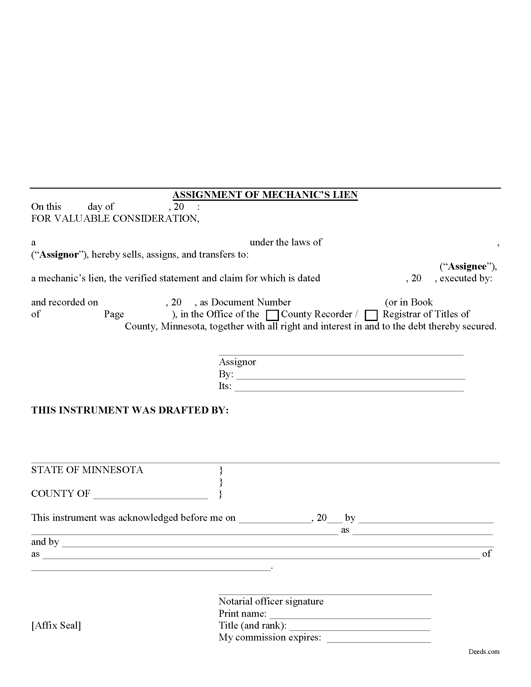 Assignment of Mechanic Lien Form