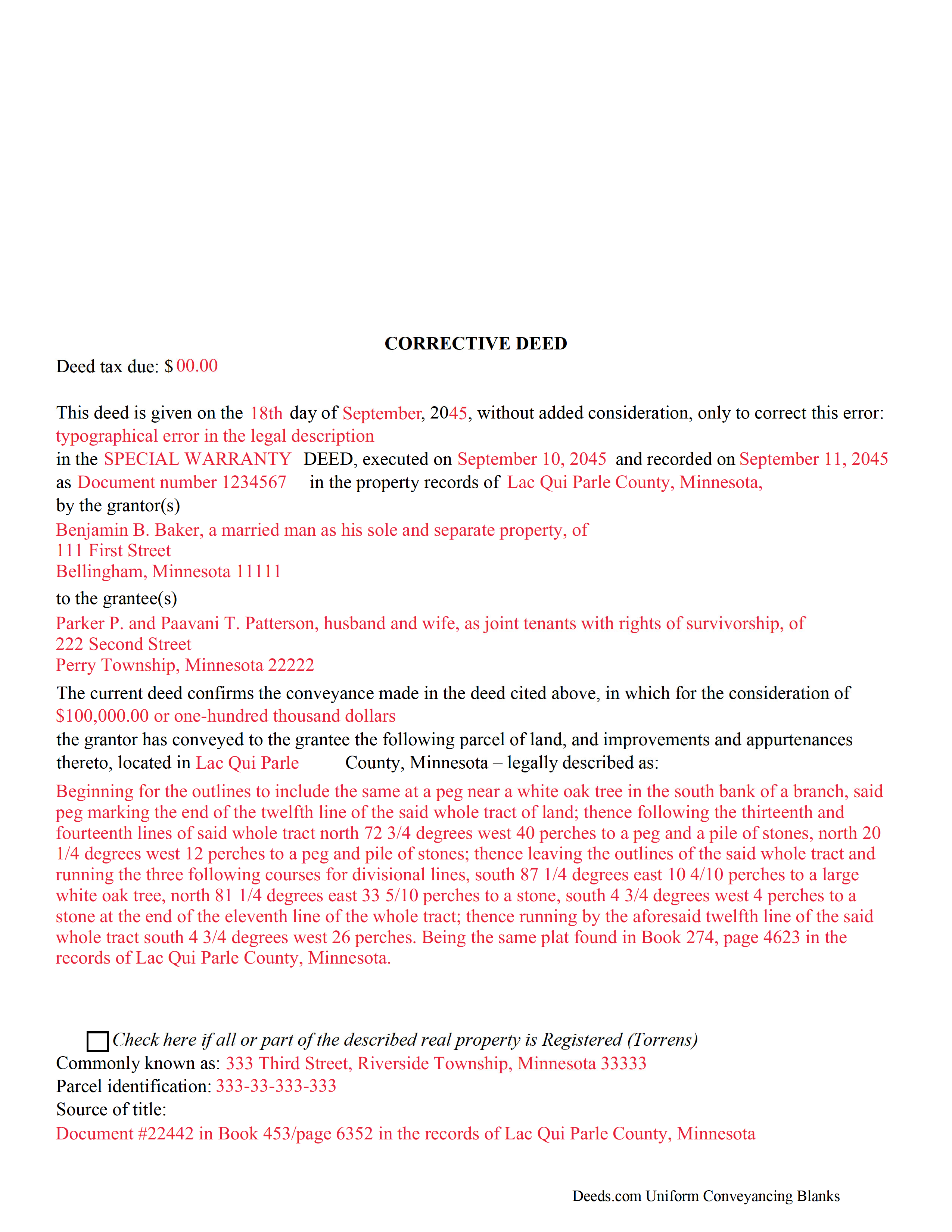 Completed Example of the Corrective Deed Document